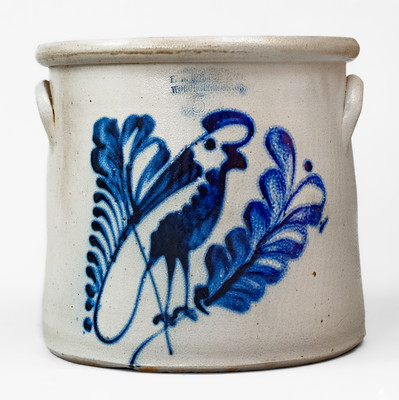 F. B. NORTON & CO / WORCESTER, MASS Five-Gallon Stoneware Crock w/ Cobalt Parrot