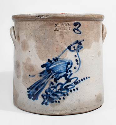 Rare S. PEPSON / ALBANY, N.Y. Three-Gallon Stoneware Bird Crock, c1860