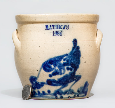 Outstanding Small-Sized Spouted Presentation Jar w/ Chicken and Bird-on-Stump Motifs, MATHEWS / 1884