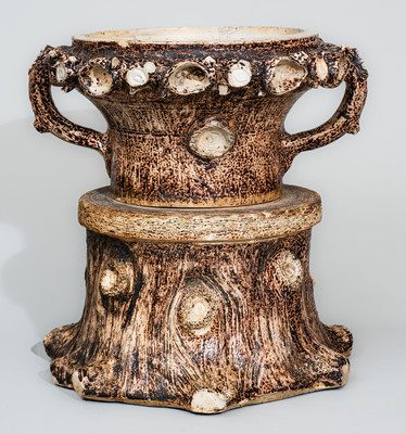 Very Rare Stoneware Rustic Flowerpot w/ Base, attrib. Jacob Bachley, Texarkana Pottery, Arkansas