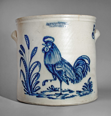 Outstanding JOHN BURGER / ROCHESTER, NY Five-Gallon Stoneware Crock w/ Rooster Scene