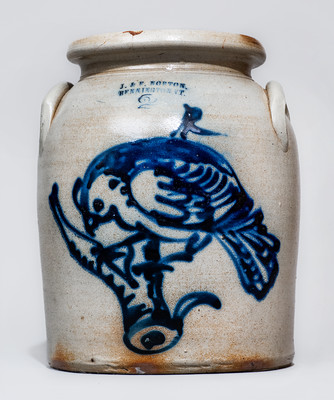 Exceptional J. & E. NORTON, / BENNINGTON, VT Stoneware Jar w/ Oversized Cobalt Bird on Branch