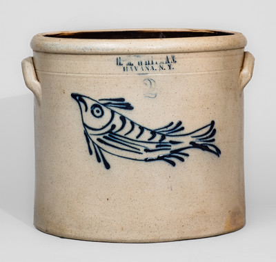 Exceptional H.M. WHITMAN / HAVANA, NY Stoneware Crock w/ Fish Decoration, c1860-62
