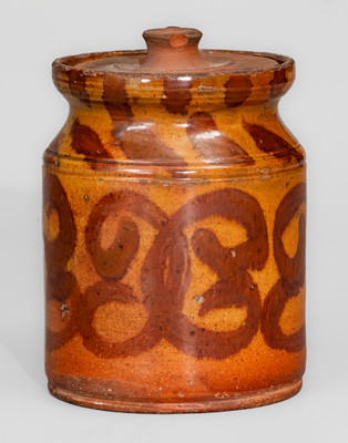 Rare Small-Sized Redware Jar w/ Elaborate Manganese Slip Decoration, attrib. David Mandeville, Circleville, NY