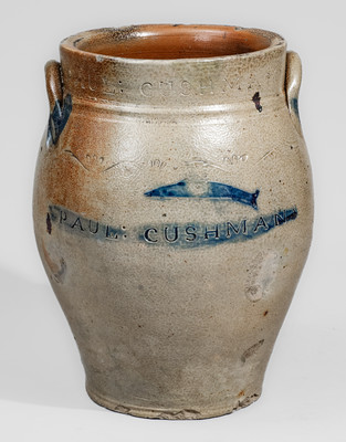Extremely Rare PAUL CUSHMAN (Albany, NY) Stoneware Jar w/ Incised Fish and Bird Decorations, c1810