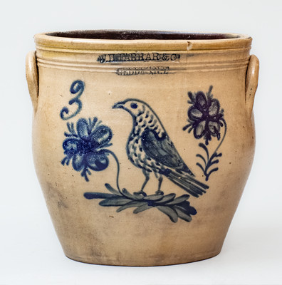 W.H. FARRAR & Co / GEDDES, N.Y. Three-Gallon Stoneware Jar w/ Cobalt Bird and Floral
