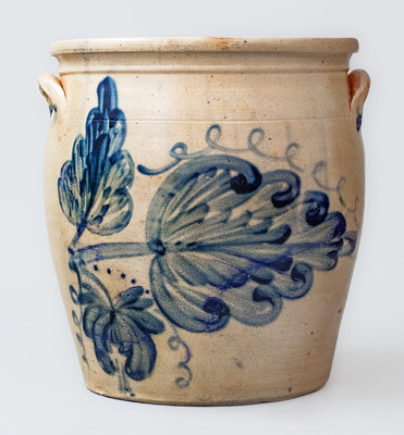 Stoneware Jar w/ Elaborate Cobalt Leaf and Floral Motif, attrib. M. & T. Miller, Newport, PA or Cowden & Wilcox
