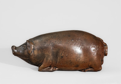 Early Anna Pottery Albany-Slip-Glazed Stoneware Pig Flask, circa 1865