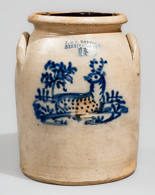 Rare J. & E. NORTON / BENNINGTON VT Stoneware Jar w/ Reclining Deer Scene