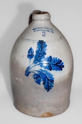 Rare COWDEN & WILCOX / HARRISBURG, PA Three-Gallon Stoneware Jug w/ Acorns-in-Branch Decoration