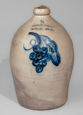 COWDEN & WILCOX / HARRISBURG, PA Two-Gallon Stoneware Jug w/ Cobalt Grapes Decoration
