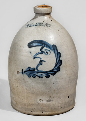 Fine COWDEN & WILCOX / HARRISBURG, PA Stoneware Jug w/ Cobalt Man-in-the-Moon Decoration