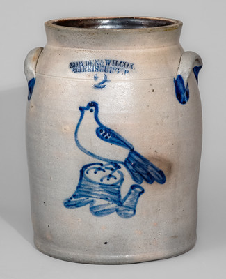 Rare COWDEN & WILCOX / HARRISBURG, PA Two-Gallon Stoneware Jar w/ Cobalt Bird-on-Stump