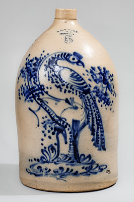 Magnificent WEST TROY / N.Y. / POTTERY Five-Gallon Stoneware Jug w/ Elaborate Cobalt Pheasant on Stump