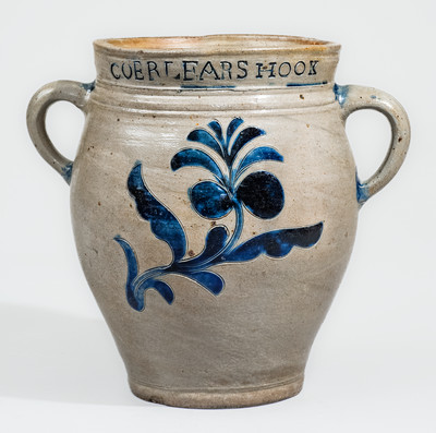 Extremely Rare and Important COERLEARS HOOK / N. YORK (Thomas Commeraw) Stoneware Jar w/ Profuse Decoration