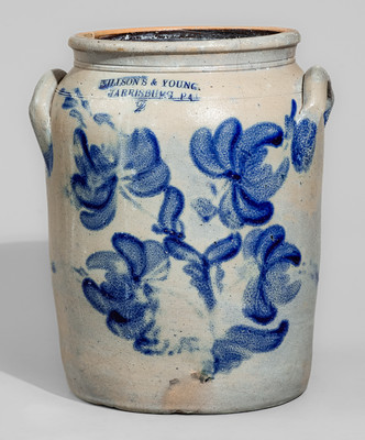 Rare WILLSON'S & YOUNG / HARRISBURG PA Stoneware Jar w/ Elaborate Cobalt Floral Decoration