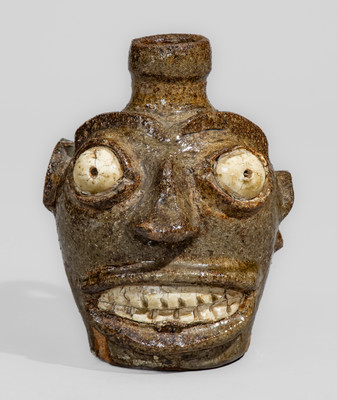 Rare and Fine Small-Sized Edgefield District, South Carolina Stoneware Face Jug w/ Kaolin Eyes and Teeth