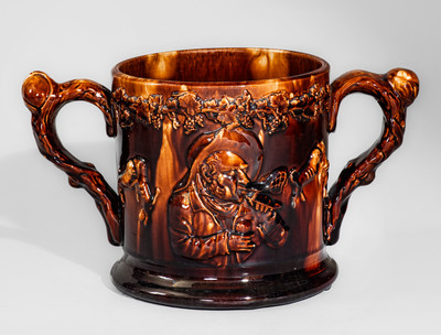 English Rockingham-Glazed Pottery Loving Cup w/ Applied Frogs and Snake, 19th century