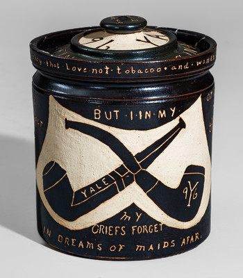 Rare Yale University Stoneware Tobacco Jar w/ Elaborate Carved Decoration and Inscriptions, 