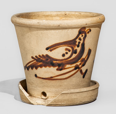 Small-Sized Tanware Flowerpot w/ Albany Slip Bird Decoration, Fort Edward, NY origin