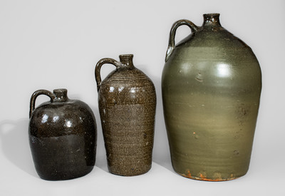 Three Alkaline-Glazed Stoneware Jugs, Meaders Pottery, Cleveland, GA