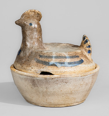 Glazed Stoneware Hen-on-Nest Bowl w/ Blue Slip Decoration, attrib. Arie Meaders