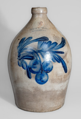 COWDEN & WILCOX / HARRISBURG Stoneware Jug w/ Cobalt Cherries Decoration
