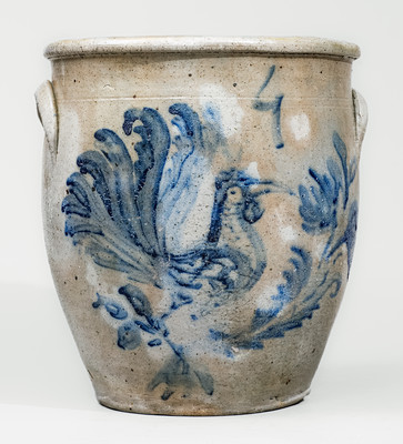 Rare Midwestern Four-Gallon Stoneware Jar w/ Elaborate Cobalt Rooster Decoration, probably Ohio