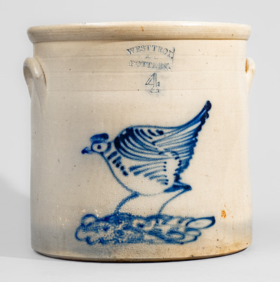 Four-Gallon WEST TROY, N.Y. POTTERY Stoneware Chicken Crock, c1875
