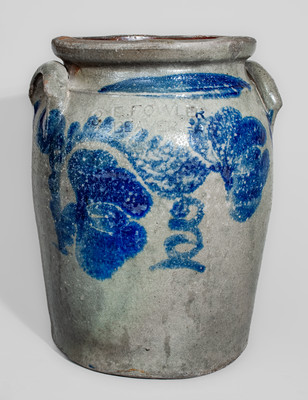 E. FOWLER / BEAVER, PA Three-Gallon Stoneware Jar w/ Cobalt Floral Decoration, c1870