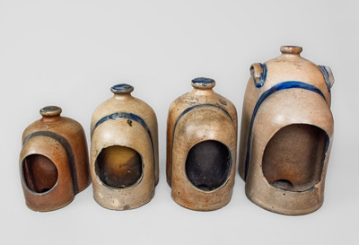 Scarce Graduated Group of Four Cobalt-Decorated Stoneware Chicken Waterers, probably NJ