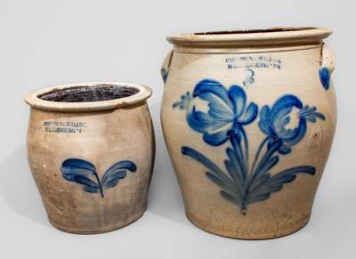 Two COWDEN & WILCOX / HARRISBURG PA Cobalt-Decorated Stoneware Jars