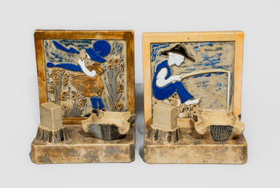 Two J.W. Moore, East Canton, Ohio Stoneware Ashtray Bookends, circa 1930