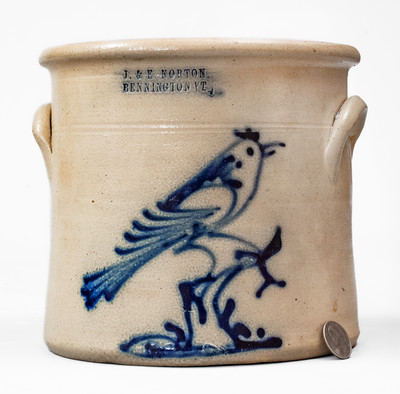 Scarce J. & E. NORTON. / BENNINGTON VT Stoneware Crock w/ Cobalt Bird on Stump