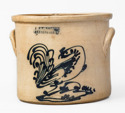 Rare J. & E. NORTON / BENNINGTON VT Stoneware Crock w/ Cobalt Rooster Decoration