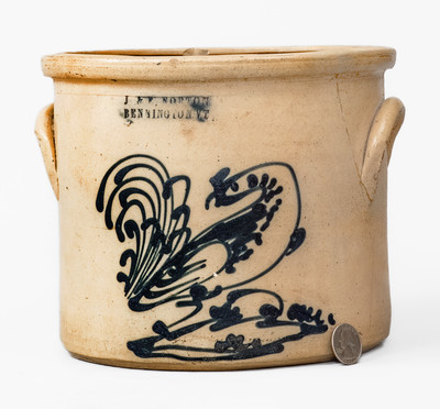 Rare J. & E. NORTON / BENNINGTON VT Stoneware Crock w/ Cobalt Rooster Decoration