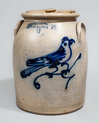 J. NORTON & CO / BENNINGTON VT Lidded Stoneware Bird Jar, circa 1860