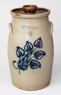 J. NORTON & CO: / BENNINGTON VT Four-Gallon Stoneware Churn w/ Cobalt Leaf Design