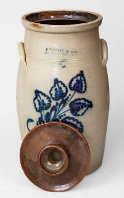 J. NORTON & CO: / BENNINGTON VT Four-Gallon Stoneware Churn w/ Cobalt Leaf Design