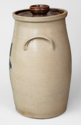 J. NORTON & CO: / BENNINGTON VT Four-Gallon Stoneware Churn w/ Cobalt Leaf Design