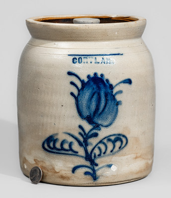CORTLAND, New York Stoneware Jar w/ Cobalt Floral Decoration, c1867-69