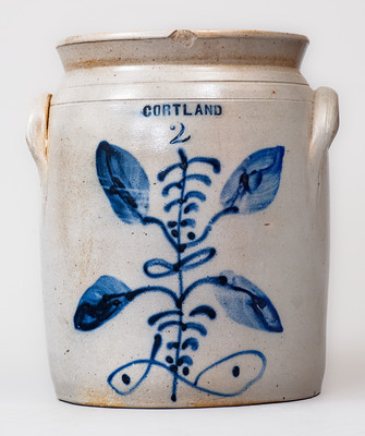 Two-Gallon CORTLAND, New York Stoneware Jar w/ Floral Decoration, c1867-69