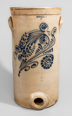 Rare ALBANY, NY Three-Gallon Stoneware Water Cooler w/ Cobalt Floral Decoration, c1860