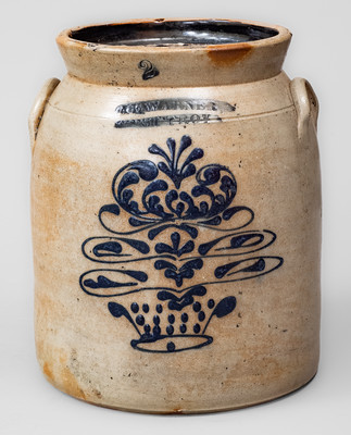 WM E. WARNER. / WEST TROY Stoneware Jar w/ Cobalt Flowering Urn Decoration