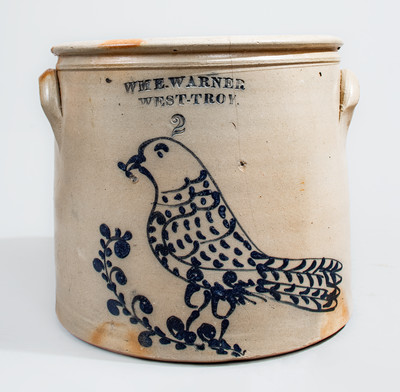 Rare WM E. WARNER / WEST-TROY, New York Two-Gallon Stoneware Bird Crock
