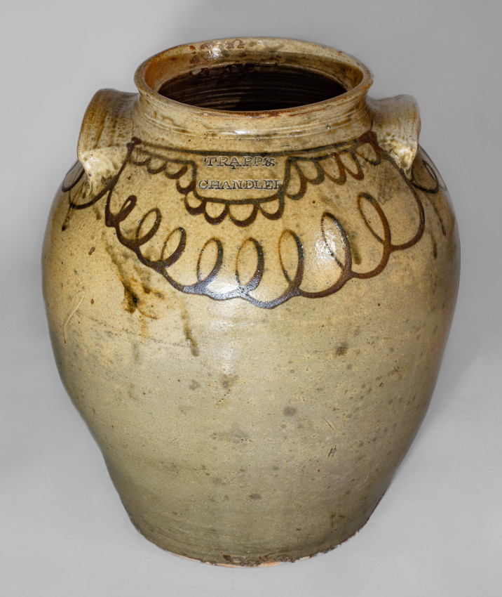 Rare and Fine TRAPP & CHANDLER, Edgefield Dist, SC Six-Gallon Stoneware Jar w/ Elaborate Iron Slip