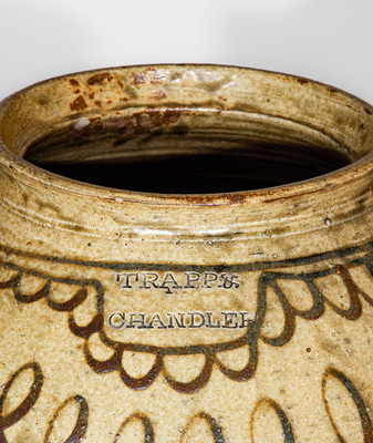 Rare and Fine TRAPP & CHANDLER, Edgefield Dist, SC Six-Gallon Stoneware Jar w/ Elaborate Iron Slip