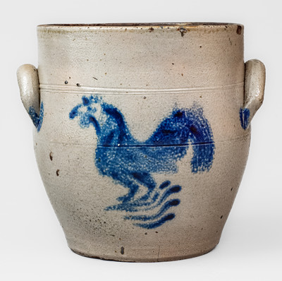 Extremely Rare "1840" Stoneware Jar w/ Cobalt Rooster, probably J.W. Ingell, Taunton, Mass.