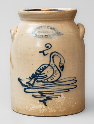 Extremely Rare BURGER & LANG / ROCHESTER, N.Y. Lidded Stoneware Jar w/ Cobalt Swan