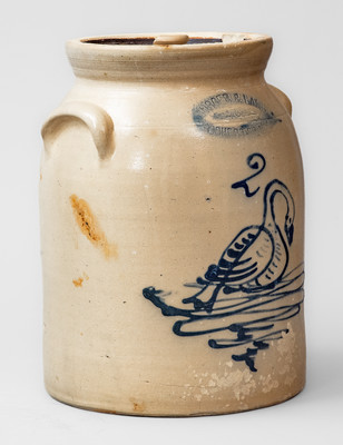 Extremely Rare BURGER & LANG / ROCHESTER, N.Y. Lidded Stoneware Jar w/ Cobalt Swan